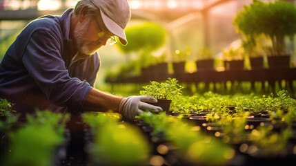 Farmer gardener cares for young plant seedlings in a greenhouse. Spring garden sowing work. Growing organic food background