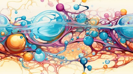 Canvas Print -  a painting of blue, orange, and pink bubbles on a light yellow background with a splash of water on the bottom of the image.  generative ai