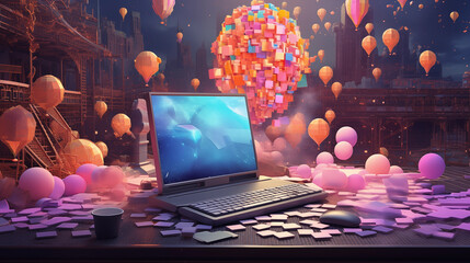 Abstract laptop with coins, network concept