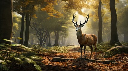 Sticker -  a deer standing in the middle of a forest with lots of trees and leaves on both sides of it's face.  generative ai