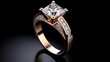 Jewelry ring with big square clean diamond on black background