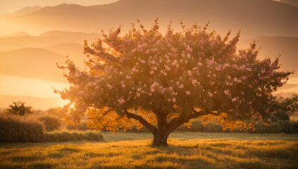 Wall Mural - An image of a sprawling peach tree in a warm, golden sunset light -AI Generative