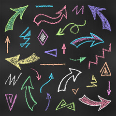 Wall Mural - Set of Design Elements Arrows and Scribbles of Different Colors Isolated on Chalkboard Backdrop. Realistic Chalk Drawn Sketch.