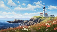  A Painting Of A Lighthouse On A Cliff Overlooking A Body Of Water With Wildflowers In The Foreground.  Generative Ai