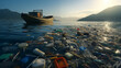 abandoned fishing boat floats in masses of plastic waste floating in the sea 
