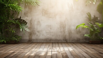 Wall Mural - Photo of an Empty Room with a Few Plants on the Side Leaving space to the Wooden Wall and Concrete Floor.