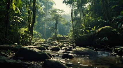 Wall Mural - Professional Photo of a Little River in the Middle of the Woods while the Sun tries to get through in Between the Tall Trees.