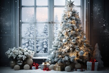 Wall Mural -  Christmas tree near the window, Christmas background, New Year background. Generative AI