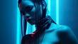 futuristic fantasy woman in neon cyberpunk glow portrait, future sci fi concept