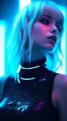 Wall Mural - futuristic fantasy woman in neon cyberpunk glow portrait, future sci fi concept