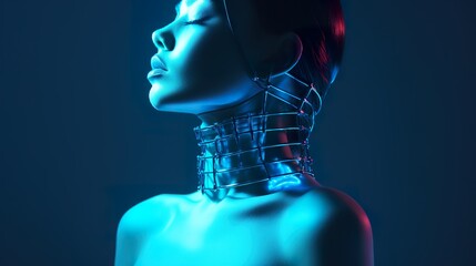 Wall Mural - seductive young woman cyborg in futuristic neon glowing choker, necklace or collar, beauty cyberpunk concept, in style of sci-fi and fantasy