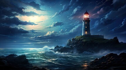 Wall Mural -  a painting of a lighthouse in the middle of a body of water with a full moon in the sky above it.  generative ai