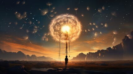 Canvas Print -  a person standing in a field with a dandelion in the sky and a bright sun in the background.  generative ai