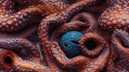 Sticker -  a blue ball is in the middle of a group of orange octopus's tentacles with white dots on them.  generative ai