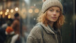 © DELstudio - Generative AI, Beautiful young woman in the Christmas fair, blurred background, winter street market in Europe.