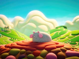 Wall Mural - A cartoon sheep is sitting on top of a hill. Generative AI.