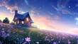 small house on flower field hill with starry dawn sky, Generative Ai