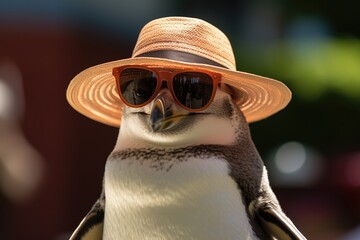 Canvas Print - A penguin wearing a hat and sunglasses. Generative AI.