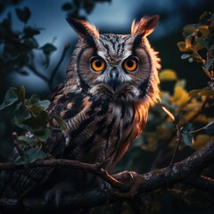 Canvas Print - An owl sitting on top of a tree branch. Generative AI.