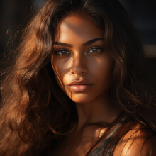 Portrait of a beautiful suntanned woman with,  suntanned complexion, chocolate eyes, long wavy hair, full lips
