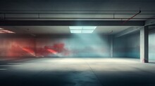 Empty Parking Garage Background With Dappled Light Streaking Across The Floor And Walls, Muted Cyan And Red Tones, Cyc, Empty, Fog, Smoke, Abstract