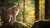 gorgeous lynx sitting at the ground of a tree in a idyllic autumn forest