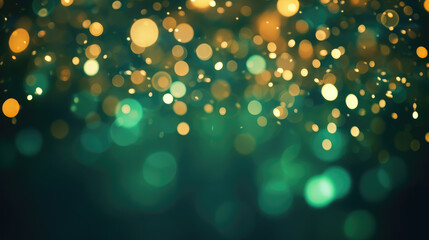 Abstract blur bokeh banner background. Gold bokeh on defocused emerald green background