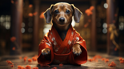 Canvas Print - Dachshund in a red kimono