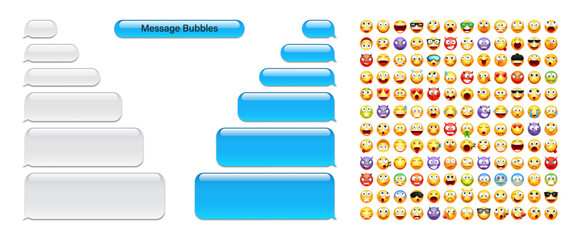 Wall Mural - Blank message bubbles with emoji. Blue chat or messenger speech bubble. SMS text frame. Short message sending. Conversation screen. Social media application. Vector illustration