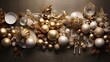 a table topped with lots of different types of christmas decorations on top of a silver tablecloth covered in white and gold ornaments.  generative ai