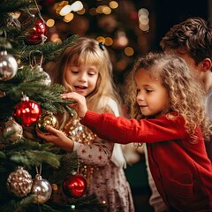 Wall Mural - Children at Christmas with presents and Christmas tree