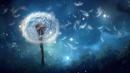 Wall Mural - a painting of a dandelion blowing in the wind with a dark blue sky and trees in the background. gene