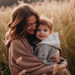 Wall Mural - Mother hugging child outside  in the sun