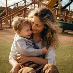 Wall Mural - Mother hugging child outside  in the sun