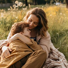 Wall Mural - Mother hugging child outside  in the sun