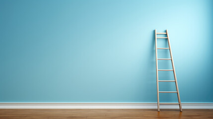 Stepladder ladder against painted blank wall in new apartment, copy space. Creative concept of renovation, repair work after moving to new apartment. 