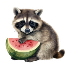 Wall Mural - Racoon eating a watermelon, isolated on transparent background