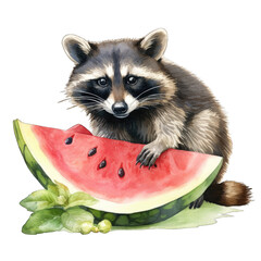 Wall Mural - Racoon eating a watermelon, isolated on transparent background