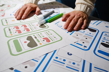 UX mobile application wireframe. Sketch, prototype, framework, layout future app design project. UI/UX - user interface and user experience designer. Creative concept for smartphone. App development
