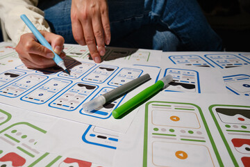 UX mobile application wireframe. Sketch, prototype, framework, layout future app design project. UI/UX - user interface and user experience designer. Creative concept for smartphone. App development