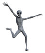 Illustration of a gray alien with arms up and leg outstretched backwards acting goofy while isolated on a white background.
