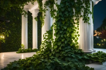 Wall Mural - Green vines and ivy on white wall and column, modern terrace covered with pavement - AI Generative