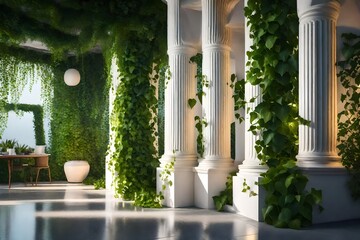 Wall Mural - Green vines and ivy on white wall and column, modern terrace covered with pavement - AI Generative