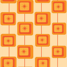 Mid Century Modern Atomic Starbursts On Abstract Square Shapes In Orange, Red And Yellow. For Wallpaper, Home Décor And Textile 
