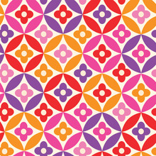 Retro Colorful Flowers On Mid Century Circles Seamless Pattern In Pink, Purple, Orange And Red. For Home Decor, Textile And Retro Backgrounds.