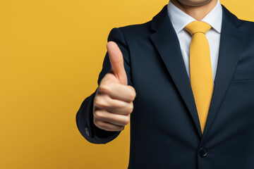 Poster - An entrepreneur demonstrates his approval with a thumbs-up gesture while managing smartphone messaging against a yellow backdrop. Generative Ai.