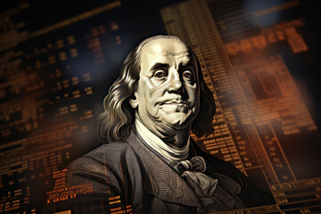 Wall Mural - A close-up captures Benjamin Franklin's face on a USD banknote, juxtaposed with a stock market chart graph, symbolizing the interplay of currency exchange. Generative Ai.