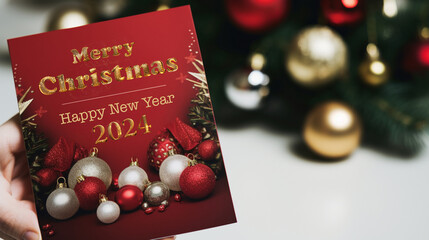 Wall Mural - Christmas greeting  with text Happy Christmas and Happy New Year 2024 and red postcard with red baubles, fir branches on a snowy background with copy space. Winter Christmas holiday concept.
