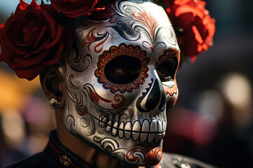 Poster - The Mexican flag at a colorful Day of the Dead procession. Concept of cultural expression and honoring ancestors. Generative Ai.