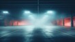 © Bird Visual - empty parking garage background with dappled light streaking across the floor and walls, muted cyan and red tones, cyc, empty, fog, smoke, abstract